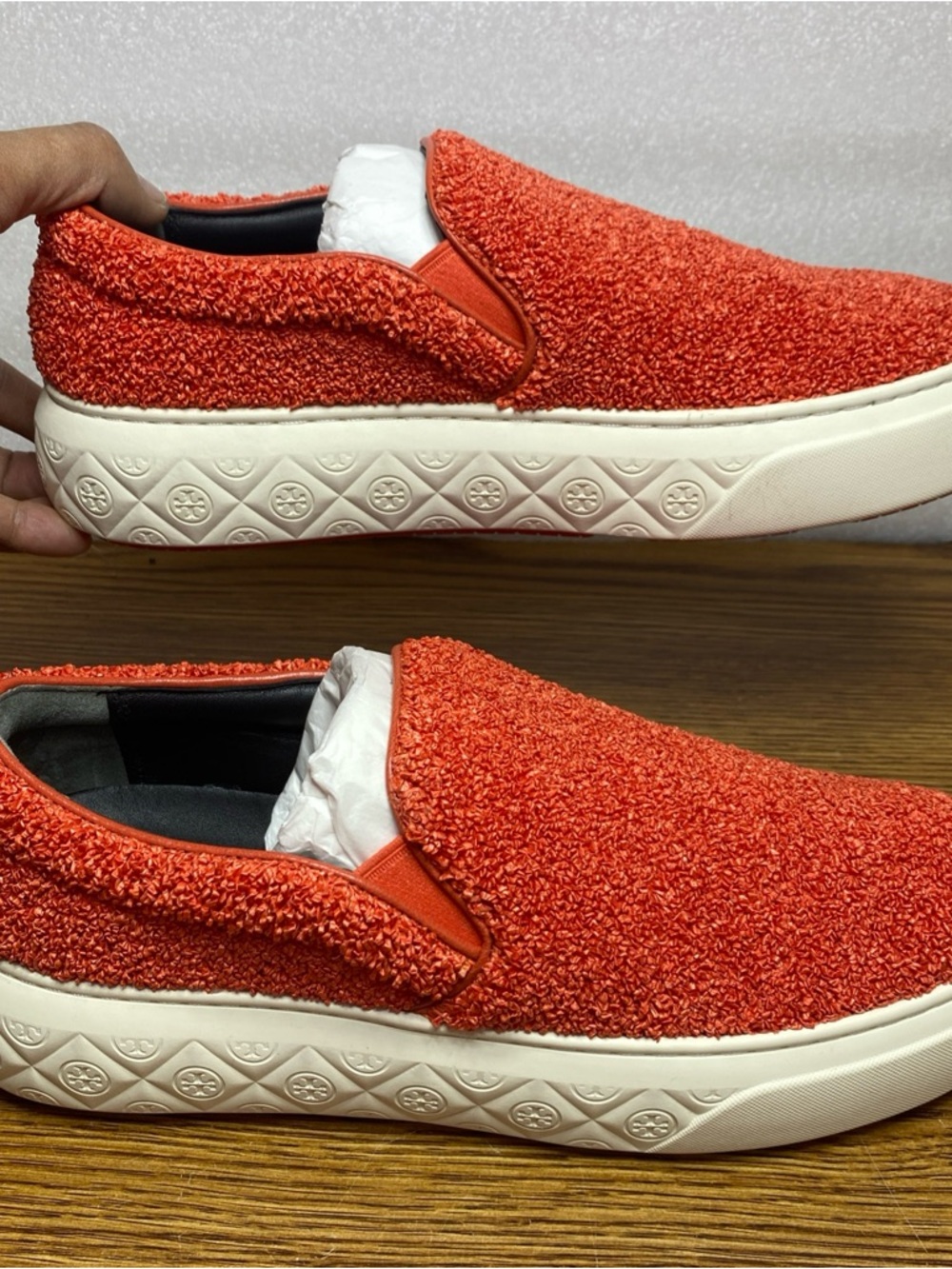 Tory Burch Ladybug Raffia Leather Slip On Sneakers Shoes Piper Red Womens Size 8